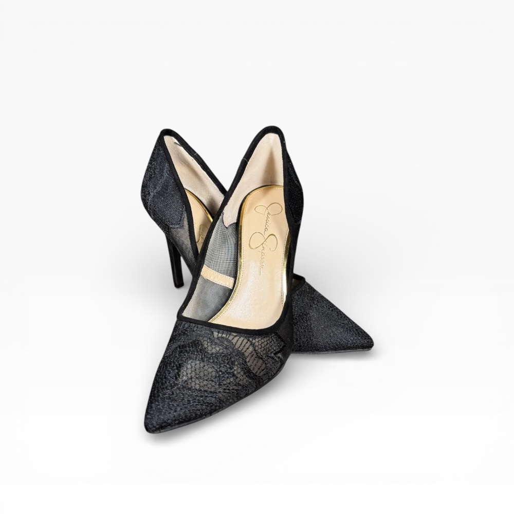 Jessica Simpson Black Lace Mesh Pointed-Toe Heels – Size 8.5